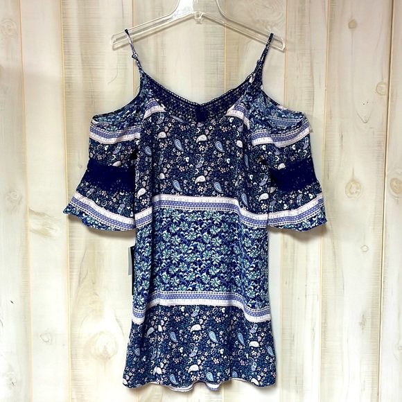 NWT My Michelle Navy Sage Pink Cold Shoulder Dress Sz L - Picture 2 of 6